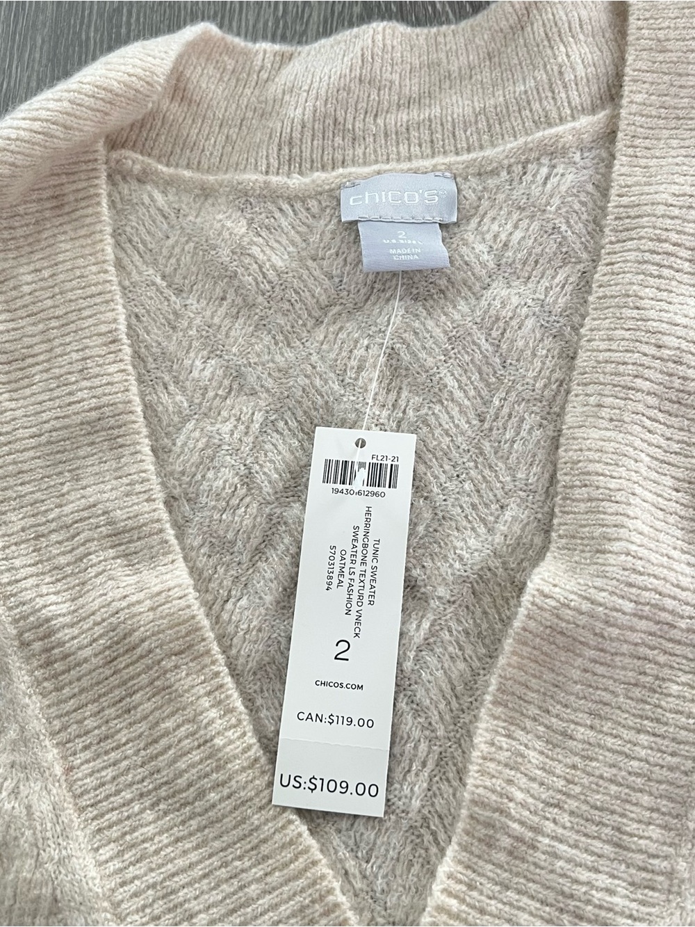 Chicos V Neck Chevron Women’s Knit Sweater Tunic Cream Sz 2~ L Career Casual - Picture 7 of 8